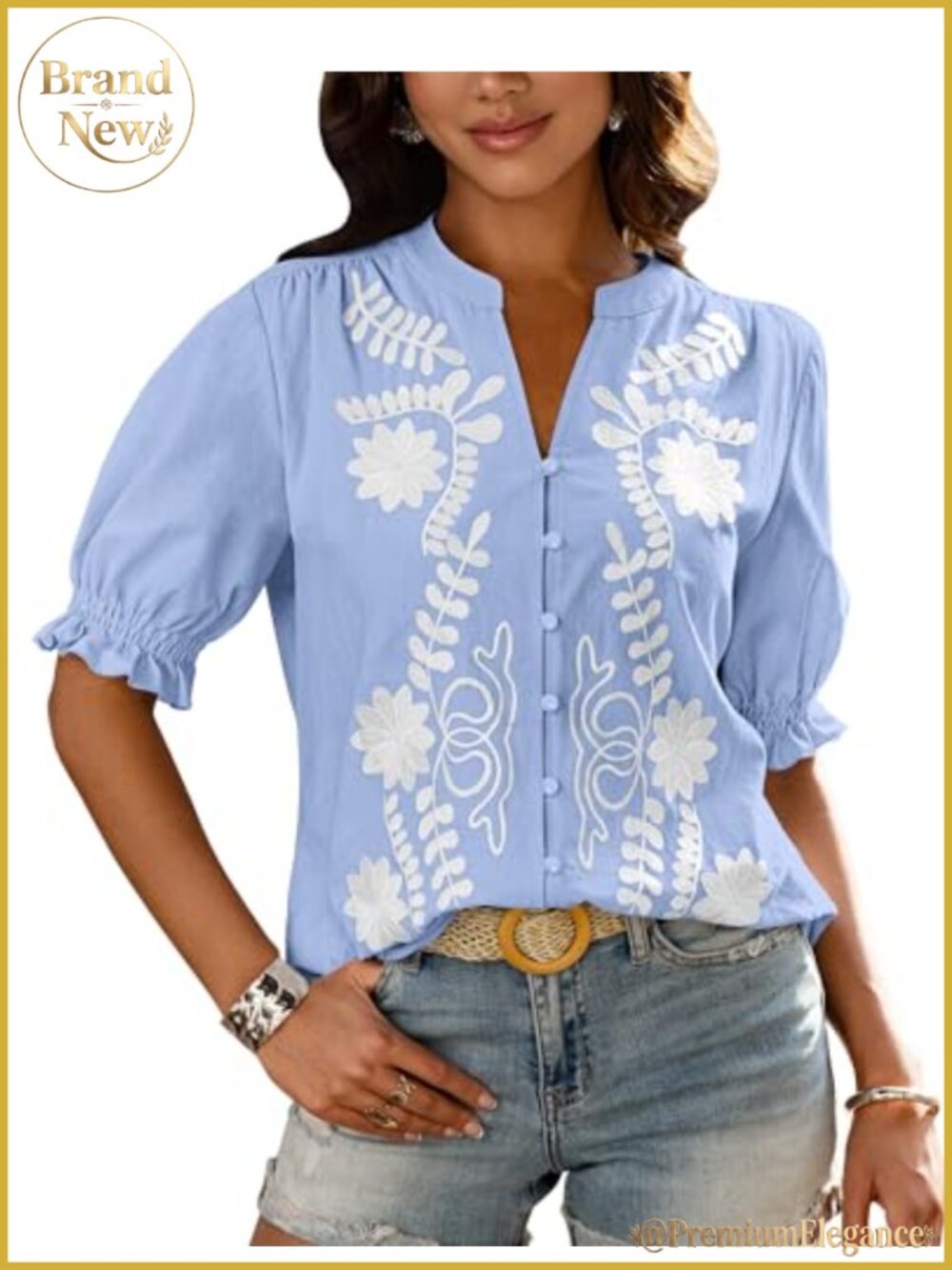 Embroidered Cotton V-Neck Puff Sleeve Button Down Blouse